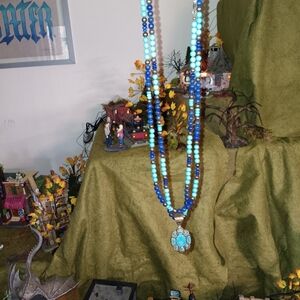Azure and Turquoise Beaded Necklaces With Sterling Western Pendant